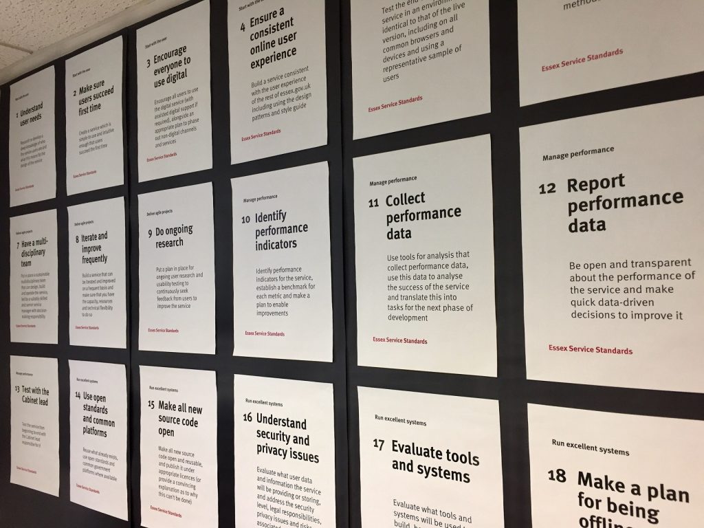 a wall of posters showing the service standards