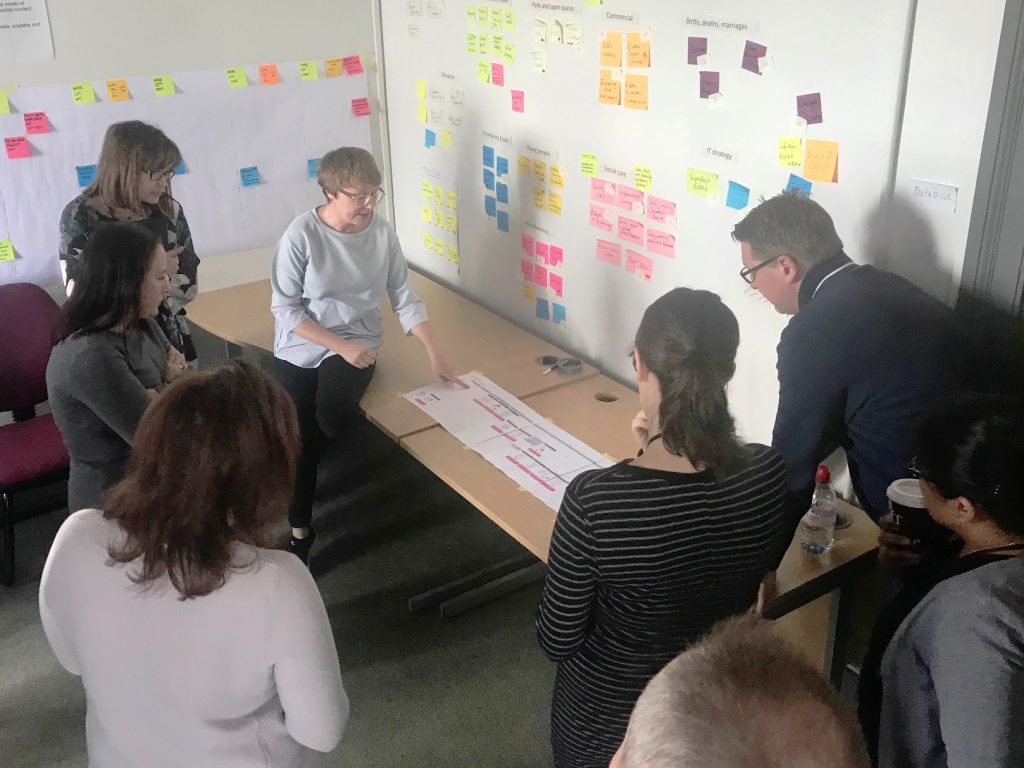 a mixed group of people standing around a desk and learning about the customer journey