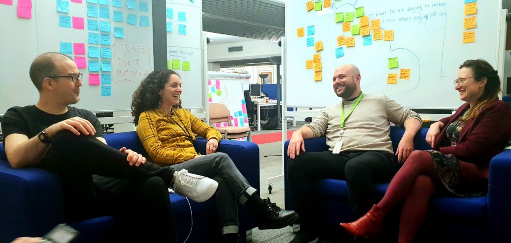 Developer, Martin, delivery manager, Greg, service designer, Maria and user researcher Magda on the sofa at Essex County Council offices