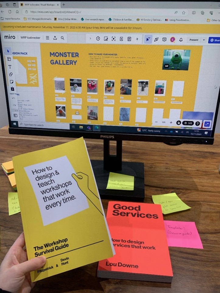 Image of a desktop screen with post-it notes and the book 'The Workshop Survival Guide' on the desk