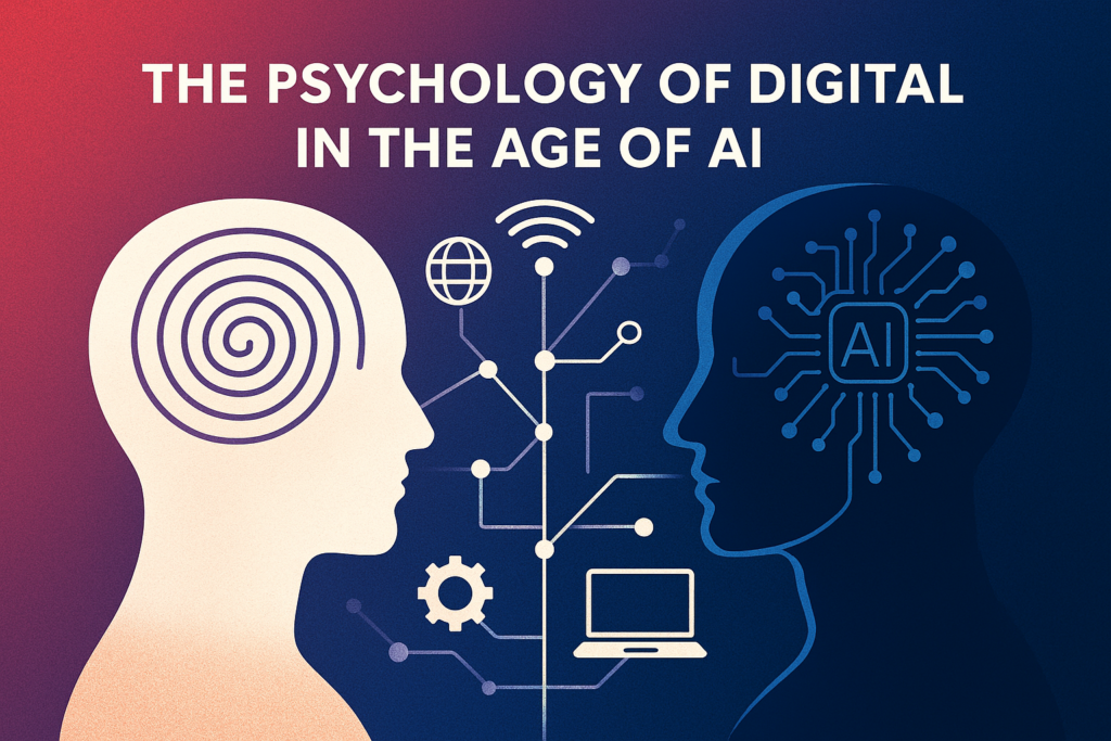 an AI generated image that includes two silhouettes of a human head. one with an AI chip and one with a swirl. in between the two heads and connected items such as a laptop a wifi signal, an world wide web icon and cog.